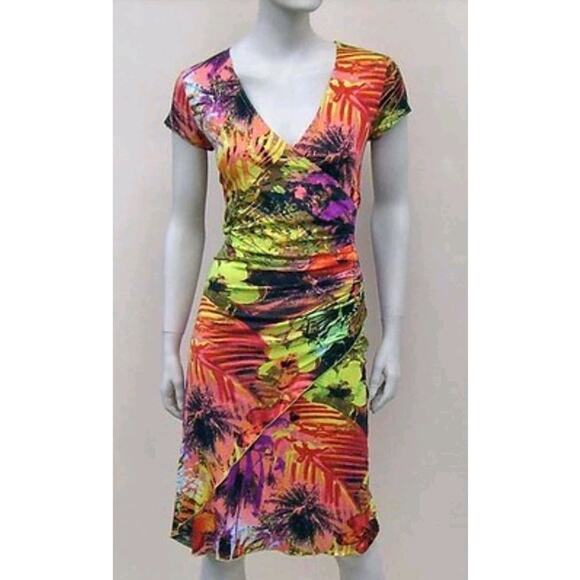 Joseph Ribkoff Women's SZ 8 Preppy Tropical Print Faux Wrap Dress Festive Colors - Picture 1 of 8